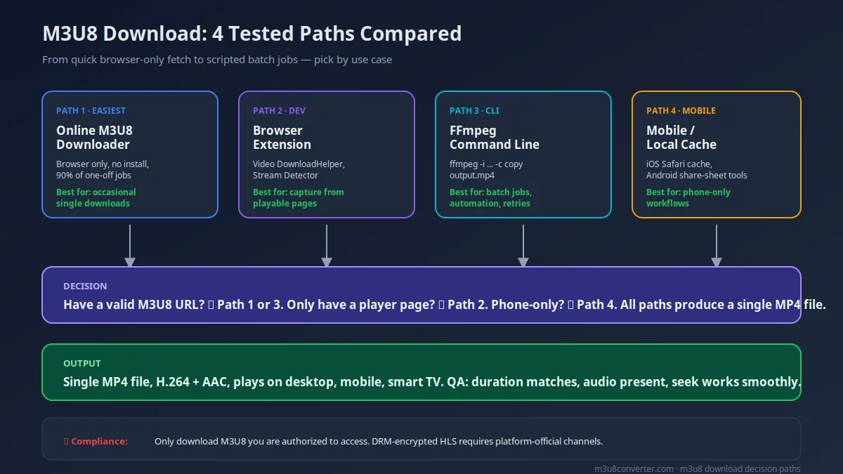 m3u8 download 4 路径决策图: 在线工具、浏览器扩展、FFmpeg 命令行、移动端