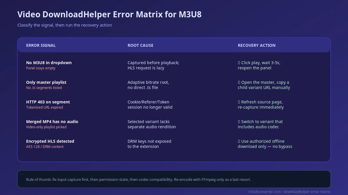 Video DownloadHelper 抓 M3U8 错误信号与恢复动作矩阵