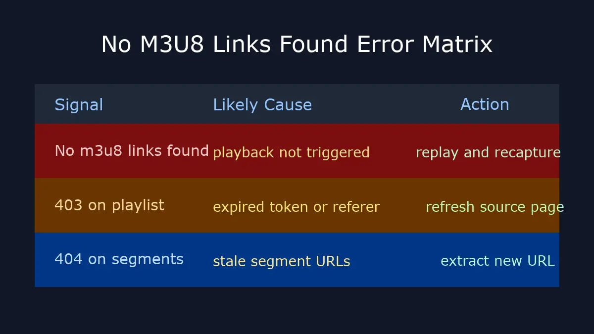 error matrix for no m3u8 links found with 403 and 404 troubleshooting
